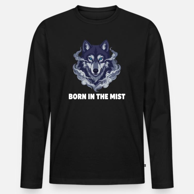 Nebelwolf: Wolfkopf im Dunst - Männer Premium Bio Langarmshirt - Schwarz