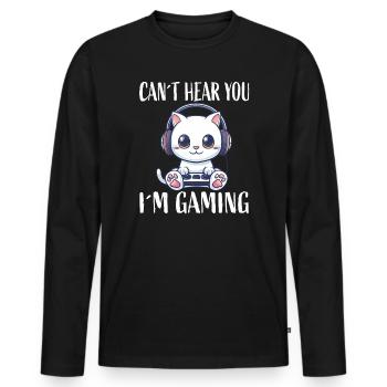 Chat gamer avec un casque - T-shirt manches longues Premium bio Homme - noir - Devant - Nico (187cm)