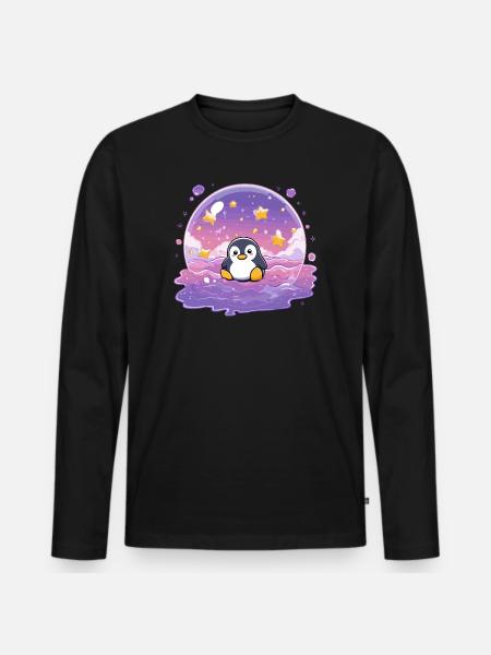 Pinguin im Sternensiegel - Männer Premium Bio Langarmshirt - Schwarz