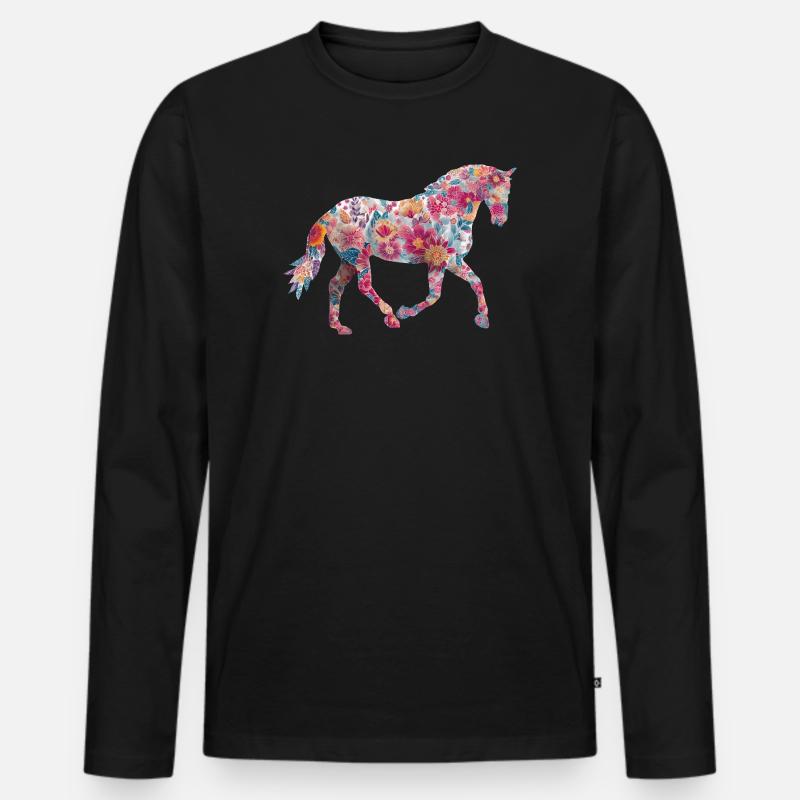 Pferd Blumen Muster - Männer Premium Bio Langarmshirt - Schwarz