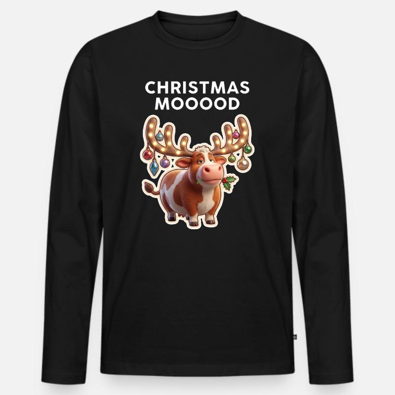 Weihnachtskuh mit Leuchtornamenten - Männer Premium Bio Langarmshirt - Schwarz