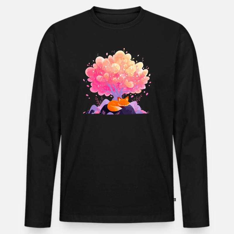 Traumblütenbaum mit schlafendem Fuchs - Männer Premium Bio Langarmshirt - Schwarz
