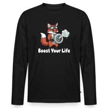 Fuchs mit Jetbike Boost - Männer Premium Bio Langarmshirt - Schwarz - Vorne - Nico (187cm)