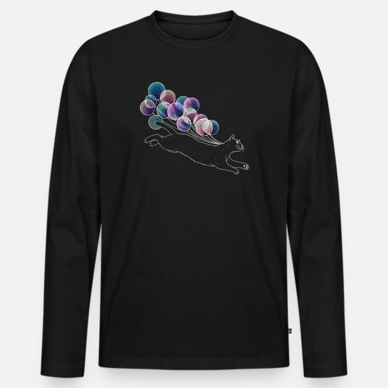 Schwebende Katze mit bunten Ballons Illustration - Männer Premium Bio Langarmshirt - Schwarz