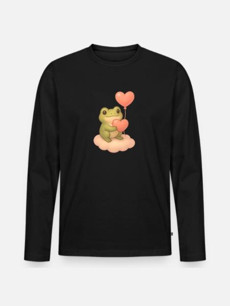 Kawaii Frog – Heart Balloon & Cloud - Men's Premium Organic Long Sleeve Shirt - black