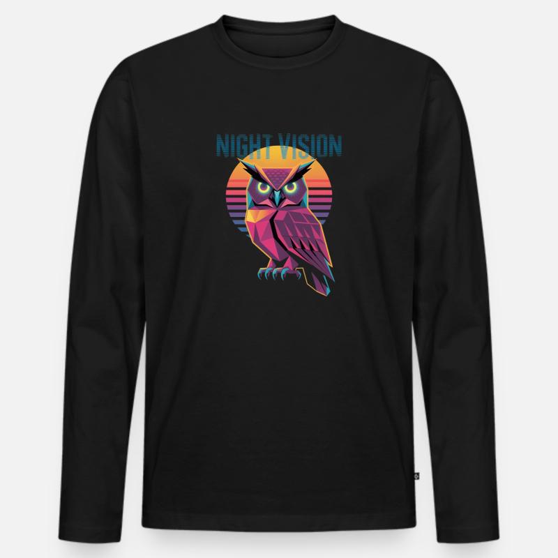 Night Vision Eule Retro Synthwave Sunset - Männer Premium Bio Langarmshirt - Schwarz