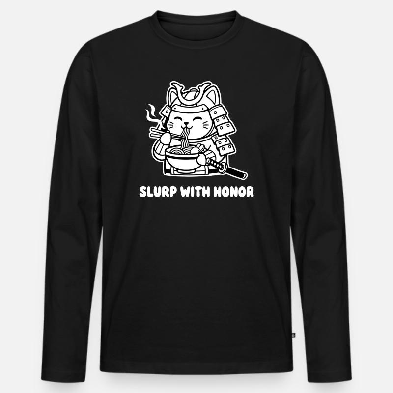 Samurai-Katze isst Nudeln - Männer Premium Bio Langarmshirt - Schwarz