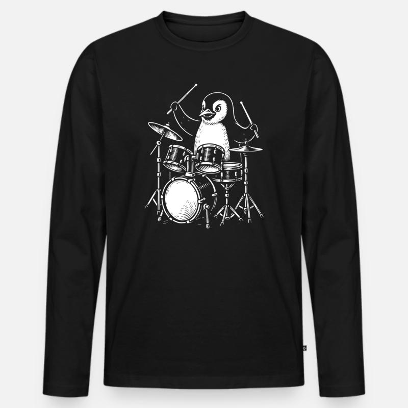 Penguin Schlagzeuger Line Art Tee - Männer Premium Bio Langarmshirt - Schwarz