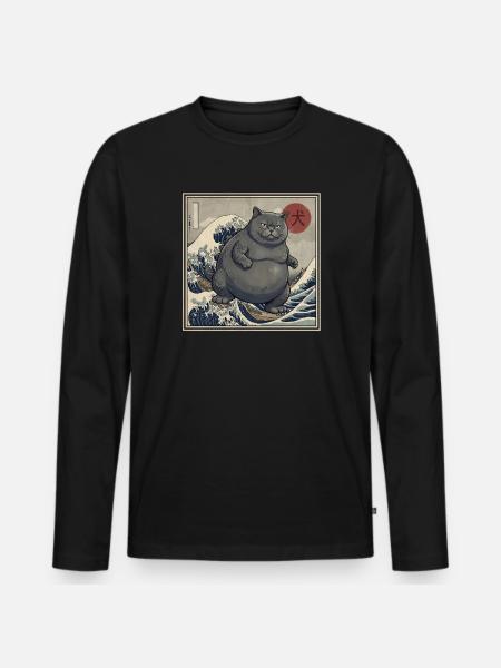 Japanese Kaiju Cat 犬 Big Wave Hokusai - Men's Premium Organic Long Sleeve Shirt - black