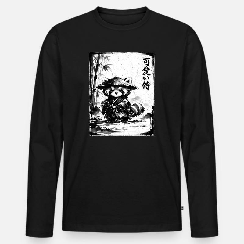 Samurai Roter Panda Sumi-e Tuschezeichnung - Männer Premium Bio Langarmshirt - Schwarz