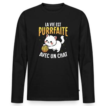 Life purrs with a cute cat - Men's Premium Organic Long Sleeve Shirt - black - Front - Nico (187cm)