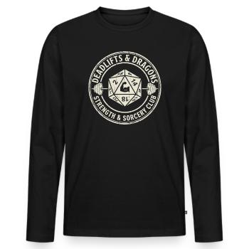Deadlifts and Dragons Strength and Sorcery Club - Männer Premium Bio Langarmshirt - Schwarz - Vorne - Nico (187cm)