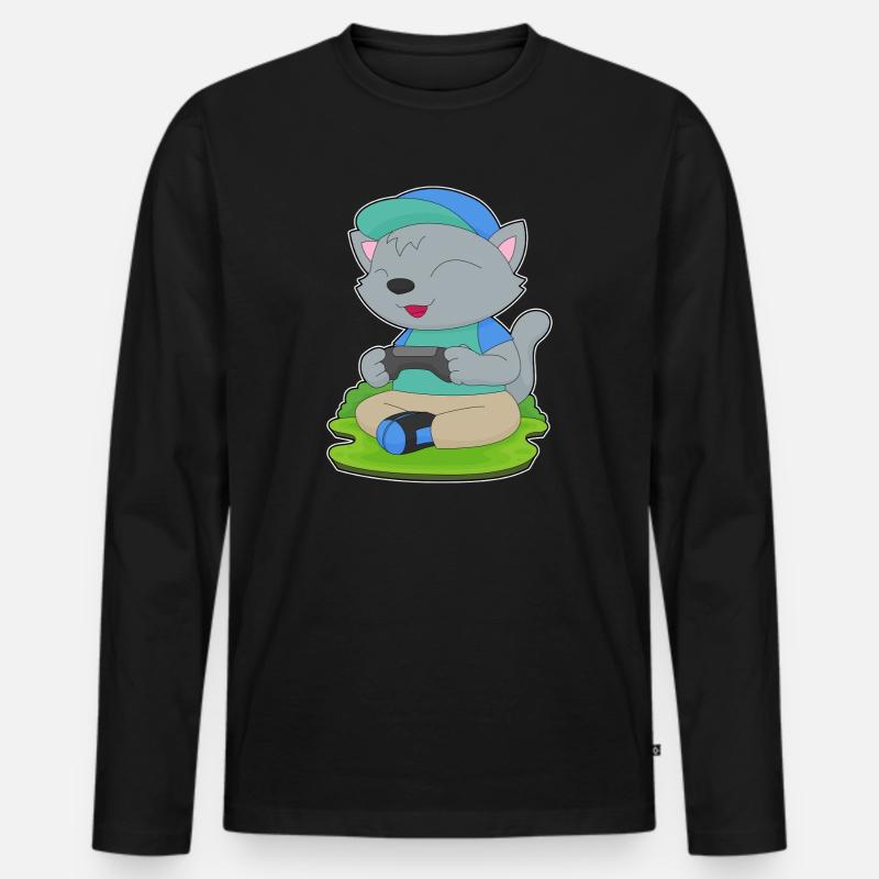 Katze Gamer Controller - Männer Premium Bio Langarmshirt - Schwarz