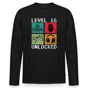 Level 16 Unlocked - Men's Premium Organic Long Sleeve Shirt - black - Front - Nico (187cm)