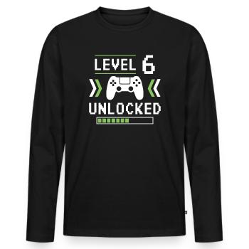 6e anniversaire 6 ans Niveau 6 Cadeau débloqué - T-shirt manches longues Premium bio Homme - noir - Devant - Nico (187cm)