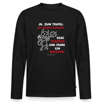 Devil's saying: alcohol, meat, gasoline cars - Men's Premium Organic Long Sleeve Shirt - black - Front - Nico (187cm)