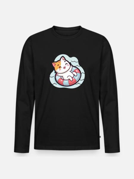 Cute Cat on Pool Buoy - Men's Premium Organic Long Sleeve Shirt - black