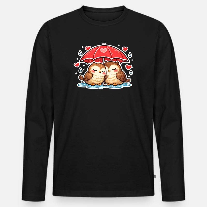 Kuschelige Eulen unter rotem Regenschirm - Männer Premium Bio Langarmshirt - Schwarz
