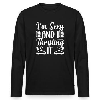 Thrift Shop I´m Sexy & I Thrifting It Love - Männer Premium Bio Langarmshirt - Schwarz - Vorne - Nico (187cm)