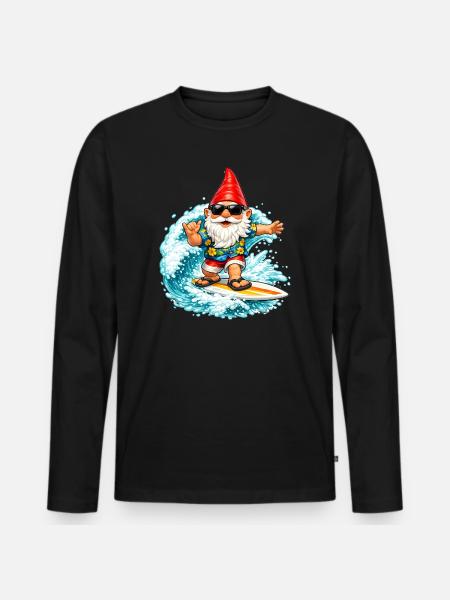 Surfender Gartenzwerg auf der Welle  - Männer Premium Bio Langarmshirt - Schwarz