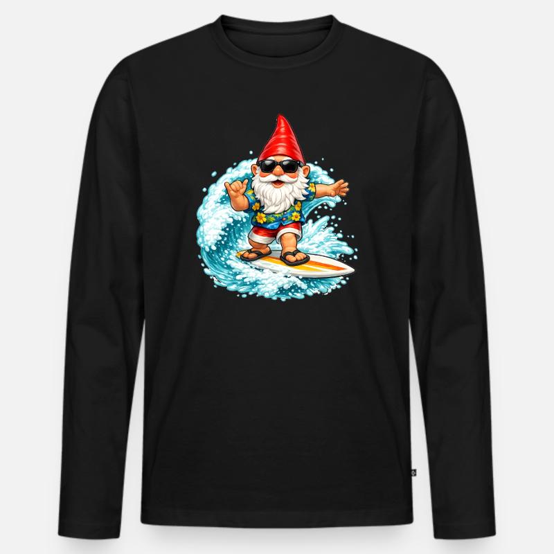 Surfender Gartenzwerg auf der Welle  - Männer Premium Bio Langarmshirt - Schwarz