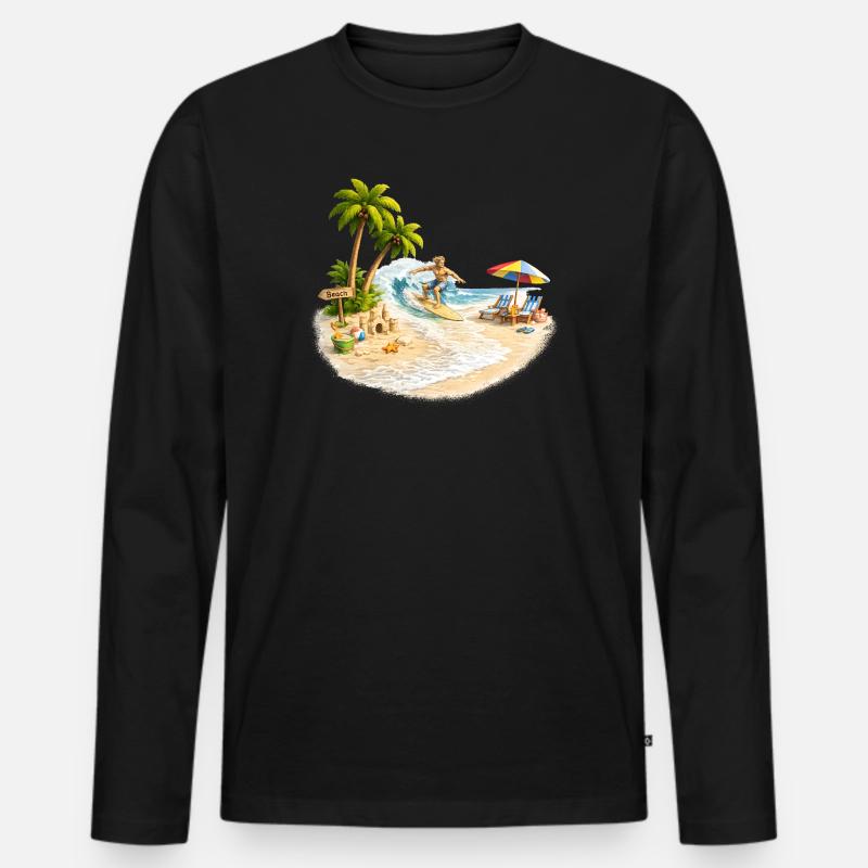 Surfista sulla spiaggia con palme e onde - Maglia a manica lunga ecologica premium da uomo - nero