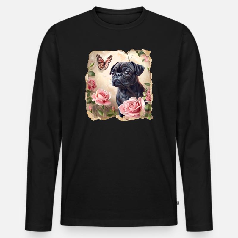 Schwarzer Mops mit Schmetterling - Männer Premium Bio Langarmshirt - Schwarz