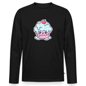 Cupcake Kawaii avec glaçage bleu - T-shirt manches longues Premium bio Homme - noir - Devant - Nico (187cm)