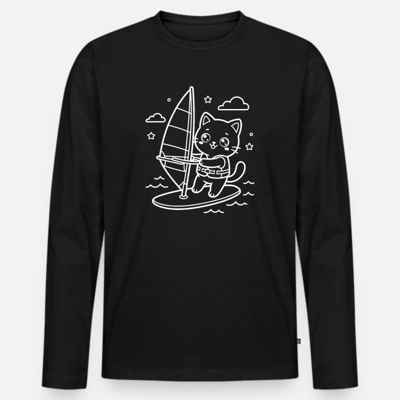 Kawaii Katze Windsurfen - Männer Premium Bio Langarmshirt - Schwarz