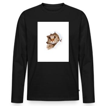 Chaton à coucou à travers une déchirure de papier - T-shirt manches longues Premium bio Homme - noir - Devant - Nico (187cm)