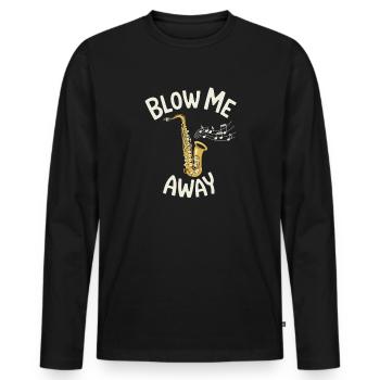 Motif de saxophone Blow Me Away pour saxophoniste Jazz - T-shirt manches longues Premium bio Homme - noir - Devant - Nico (187cm)
