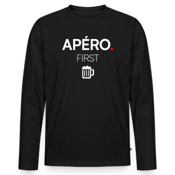 APERO ZUERST | Aperitif-Humor-T-Shirt - Männer Premium Bio Langarmshirt - Schwarz - Vorne - Nico (187cm)