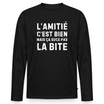 L’amitié c’est bien… humour drôle pour amis - T-shirt manches longues Premium bio Homme - noir - Devant - Nico (187cm)