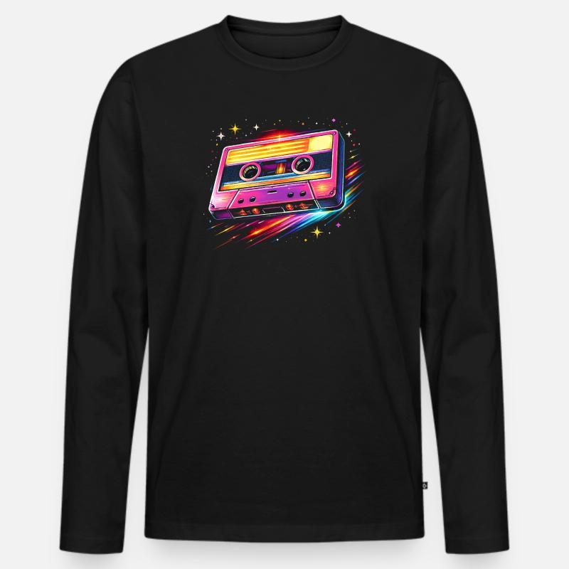 Retro Kassette Neon 80er Stil - Männer Premium Bio Langarmshirt - Schwarz