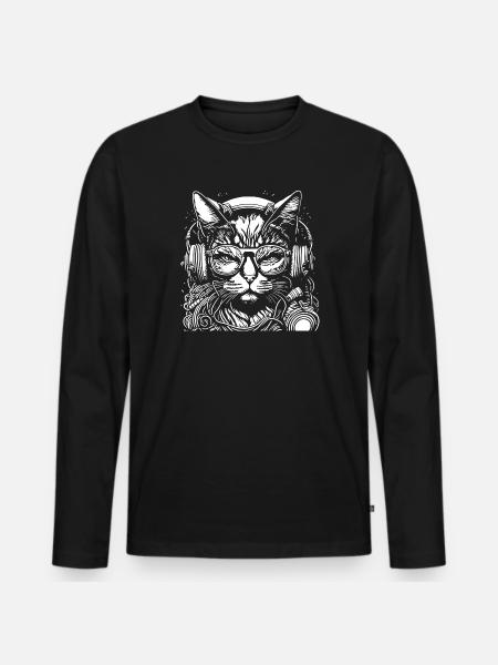 Cat DJ with headphones and glasses - Men's Premium Organic Long Sleeve Shirt - black