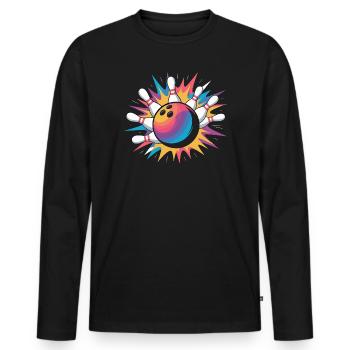  Bowling Ball Strike Mit Bunter Explosion Und Pins - Männer Premium Bio Langarmshirt - Schwarz - Vorne - Nico (187cm)