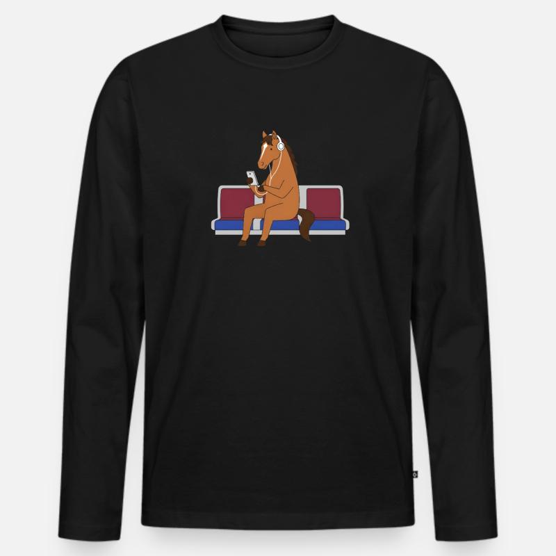 Pferd mit Kopfhörern in U-Bahn - Männer Premium Bio Langarmshirt - Schwarz