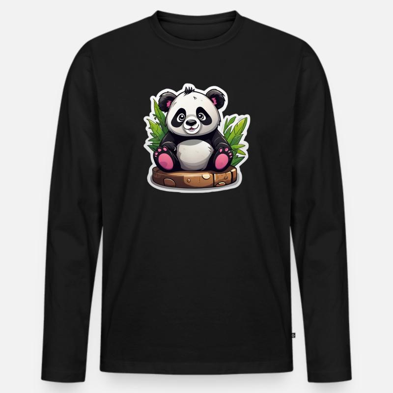 Cartoon-Panda sitzt auf Bambus - Männer Premium Bio Langarmshirt - Schwarz