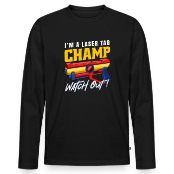 Laser Tag Champ Watch Out Funny Blaster Graphic - Men's Premium Organic Long Sleeve Shirt - black - Front - Nico (187cm)
