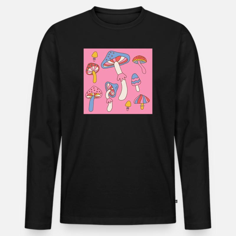 Retro Mushroom Pattern – Psychedelic 70s Design - Männer Premium Bio Langarmshirt - Schwarz