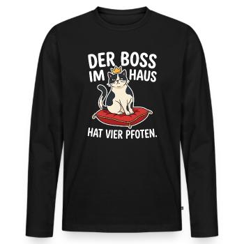 Katze mit Krone - Lustiges Haustier Motiv - Männer Premium Bio Langarmshirt - Schwarz - Vorne - Nico (187cm)
