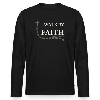 Marcher par la Foi | 2 Corinthiens 5:7 - T-shirt manches longues Premium bio Homme - noir - Devant - Nico (187cm)