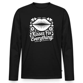 Kisses Fix Everything – Lippenmotiv - Männer Premium Bio Langarmshirt - Schwarz - Vorne - Nico (187cm)