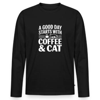 A Good Day Starts with Coffee & Cat - Men's Premium Organic Long Sleeve Shirt - black - Front - Nico (187cm)