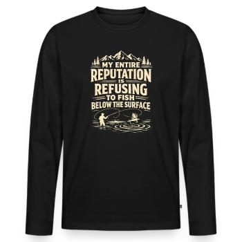 Nie unter der Oberfläche | Fliegenfischen Humor - Männer Premium Bio Langarmshirt - Schwarz - Vorne - Nico (187cm)