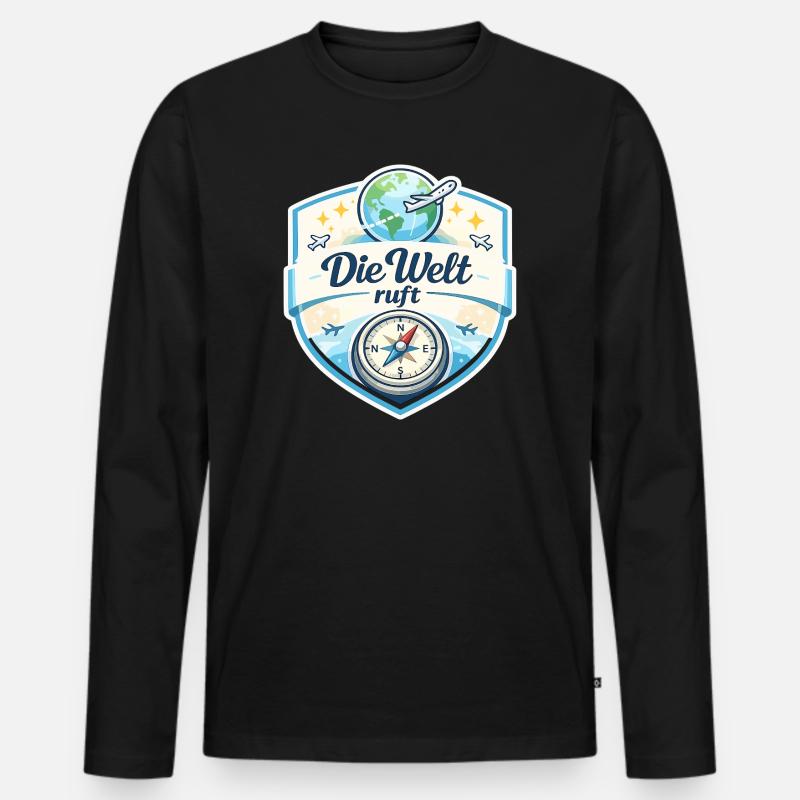 Die Welt ruft Reisepatch - Männer Premium Bio Langarmshirt - Schwarz
