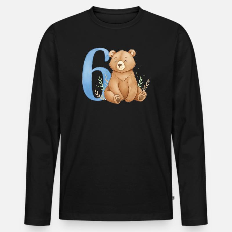 Aquarell Bär mit Zahl 6 - Männer Premium Bio Langarmshirt - Schwarz