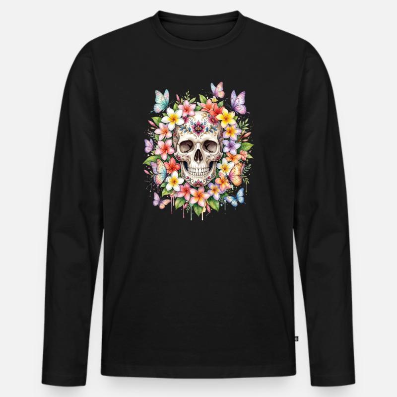 Plumeria-Schädel Flower - Männer Premium Bio Langarmshirt - Schwarz