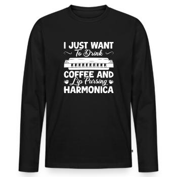 Musican d’harmonica veut juste boire un café - T-shirt manches longues Premium bio Homme - noir - Devant - Nico (187cm)