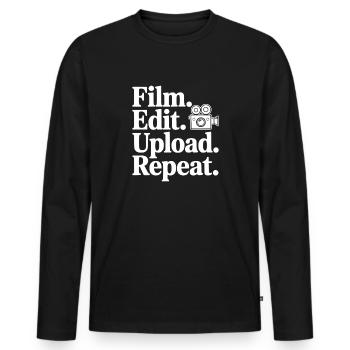 Film. Edit. Hochladen. Wiederholen. - Männer Premium Bio Langarmshirt - Schwarz - Vorne - Nico (187cm)